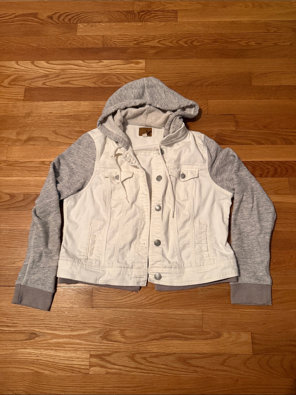 American Eagle Outfitters White Denim Jacket with Gray Hoodie Sleeves